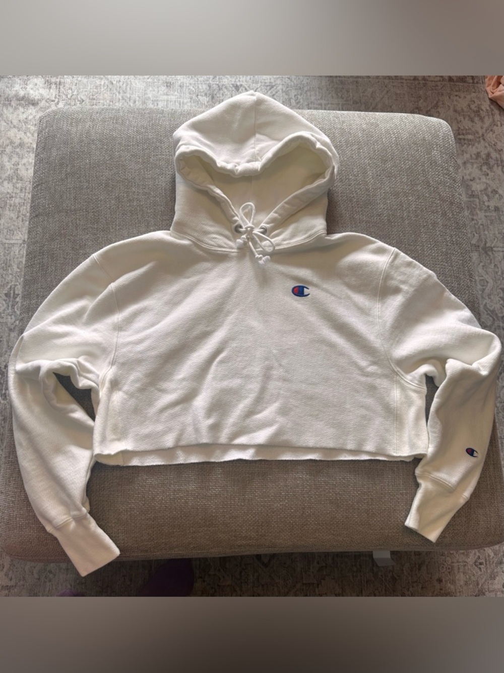 Champion Pure White Cropped Hooded Sweatshirt with Embroidered Logo - Picture 1 of 3